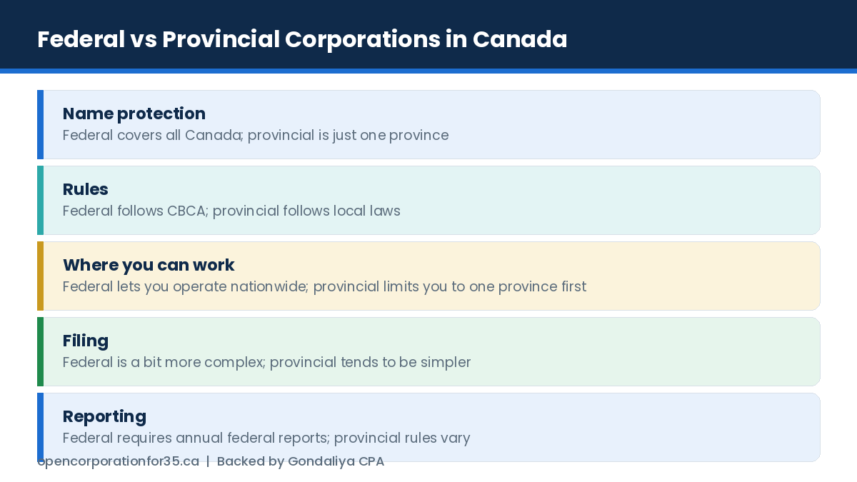 Federal versus provincial incorporation in Canada compared on name protection, rules, reach, filing and reporting
