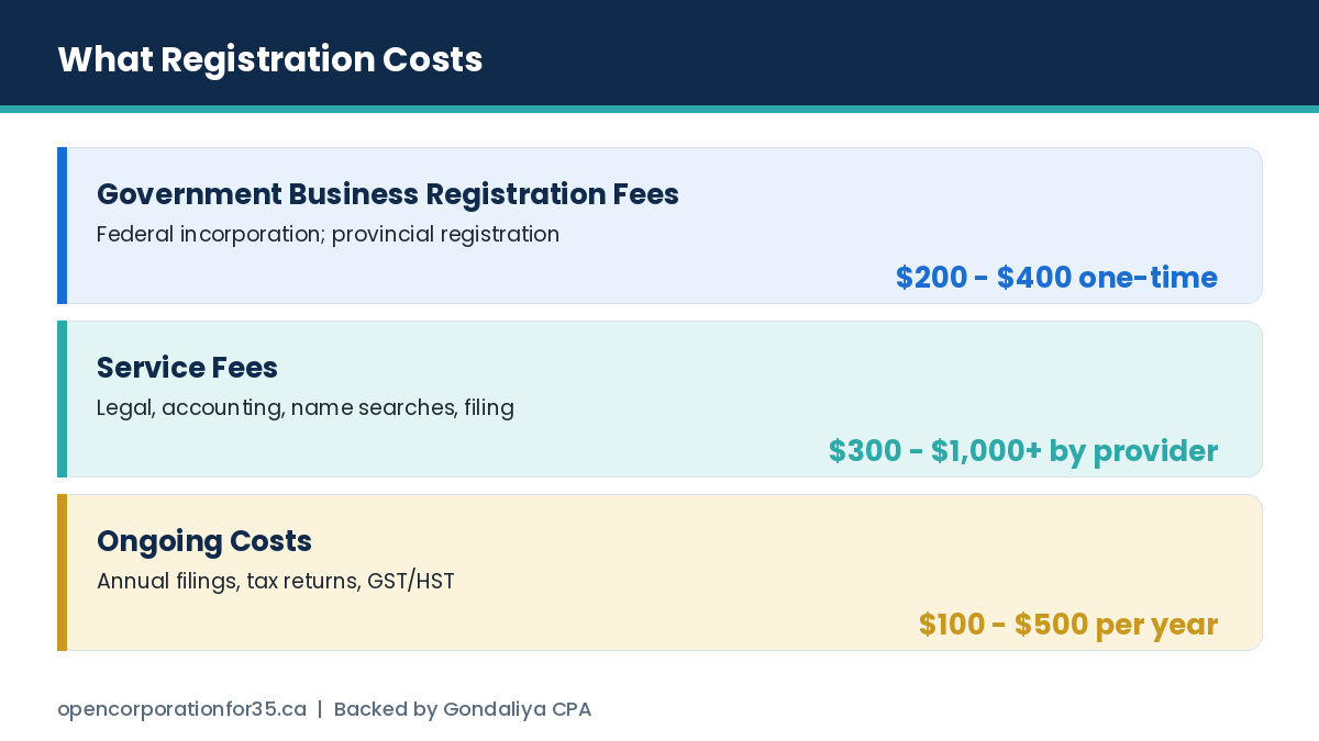 Government fees, service fees and ongoing costs for registering a non-resident corporation in Canada