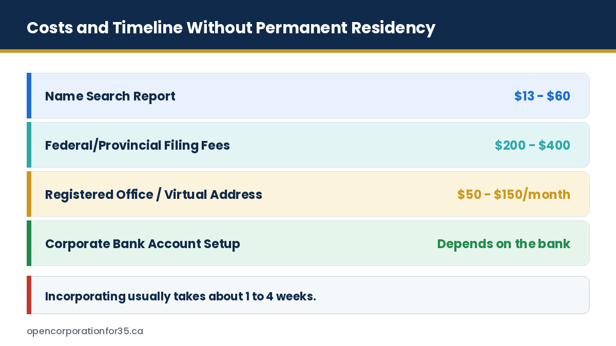 Incorporation costs and timeline for a foreign owner in Canada including name search, filing fees and registered office