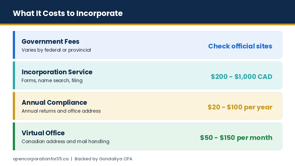 Government fees, incorporation service charges, annual compliance fees and virtual office costs