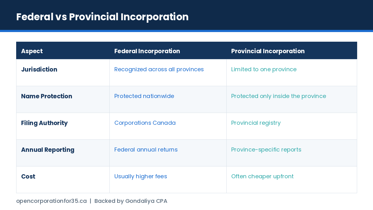 Federal versus provincial incorporation compared on jurisdiction, name protection, filing authority, reporting, director residency and cost