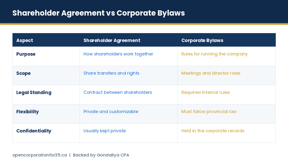 Shareholder agreements compared with corporate bylaws on purpose, scope, legal standing, flexibility and confidentiality